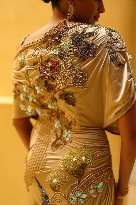 Shop_Moledro_Multi Color Lycra Beads, Sequins, Stones, Embroidery Amani Draped Dress _Online_at_Aza_Fashions