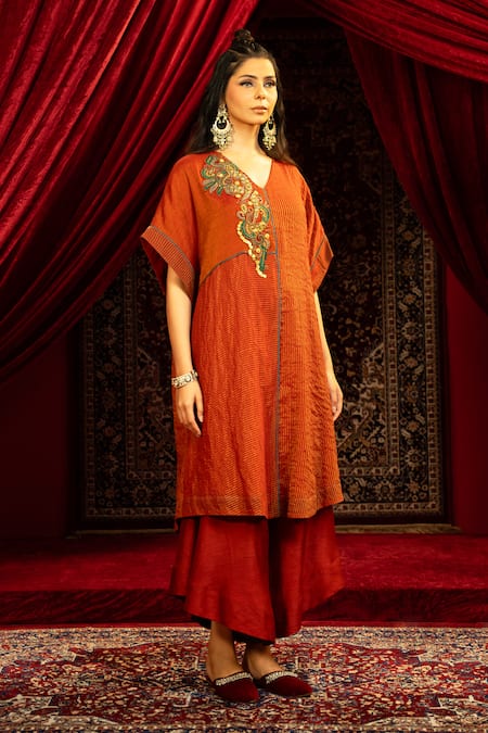 Sonia Baderia_Red Chanderi, Tissue, Silk Embroidery, Beads, Sequins Hand Kurta And Pant Set _Online_at_Aza_Fashions