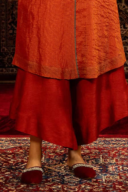 Buy_Sonia Baderia_Red Chanderi, Tissue, Silk Embroidery, Beads, Sequins Hand Kurta And Pant Set _Online_at_Aza_Fashions