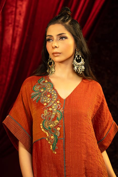 Shop_Sonia Baderia_Red Chanderi, Tissue, Silk Embroidery, Beads, Sequins Hand Kurta And Pant Set _Online_at_Aza_Fashions