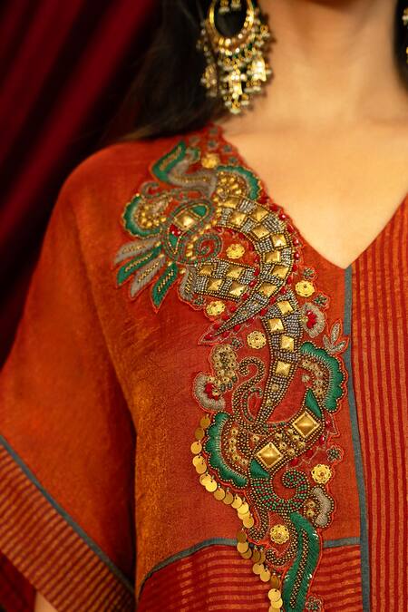 Sonia Baderia_Red Chanderi, Tissue, Silk Embroidery, Beads, Sequins Hand Kurta And Pant Set _at_Aza_Fashions