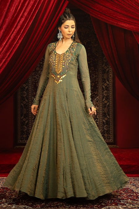 Sonia Baderia Green Chanderi, Tissue Beads, Sequins, Hand Embroidered Anarkali With Dupatta Online at Aza Fashions Sonia Baderia_Green Chanderi, Tissue Beads, Sequins, Hand Embroidered Anarkali With Dupatta _Online_at_Aza_Fashions