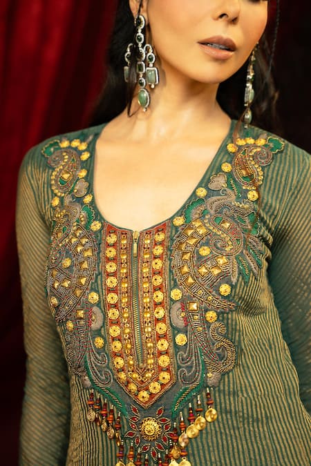 Shop Sonia Baderia Green Chanderi, Tissue Beads, Sequins, Hand Embroidered Anarkali With Dupatta Online at Aza Fashions Shop_Sonia Baderia_Green Chanderi, Tissue Beads, Sequins, Hand Embroidered Anarkali With Dupatta _Online_at_Aza_Fashions