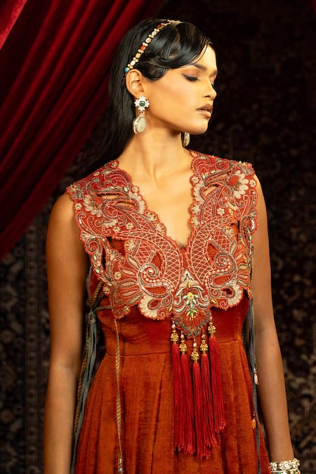 Sonia Baderia_Red Tissue Embroidery, Tassels, Sequins V-neck Anarkali With Cape _Online_at_Aza_Fashions