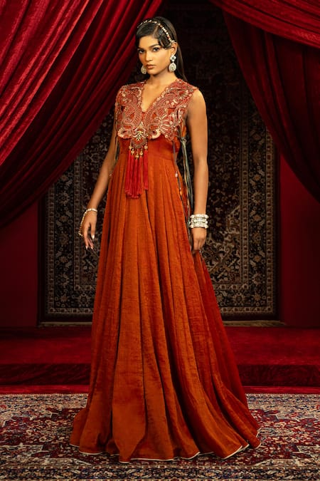 Buy_Sonia Baderia_Red Tissue Embroidery, Tassels, Sequins V-neck Anarkali With Cape _Online_at_Aza_Fashions