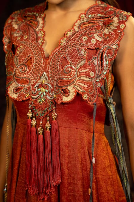 Shop_Sonia Baderia_Red Tissue Embroidery, Tassels, Sequins V-neck Anarkali With Cape _Online_at_Aza_Fashions