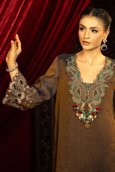 Buy_Sonia Baderia_Blue Chanderi, Tissue Embroidery, Sequins, Beads, Hand Kurta And Flared Pant Set _Online_at_Aza_Fashions