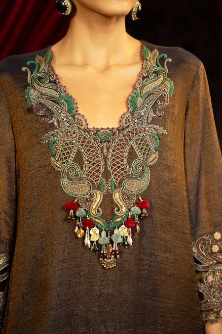 Shop_Sonia Baderia_Blue Chanderi, Tissue Embroidery, Sequins, Beads, Hand Kurta And Flared Pant Set _Online_at_Aza_Fashions