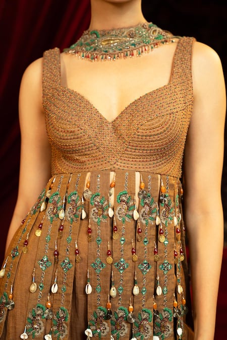 Sonia Baderia_Brown Chanderi, Tissue Embroidery, Tassels Hand Peplum Kurta Sharara Set _Online_at_Aza_Fashions