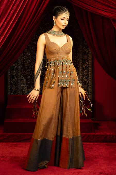 Buy_Sonia Baderia_Brown Chanderi, Tissue Embroidery, Tassels Hand Peplum Kurta Sharara Set _Online_at_Aza_Fashions