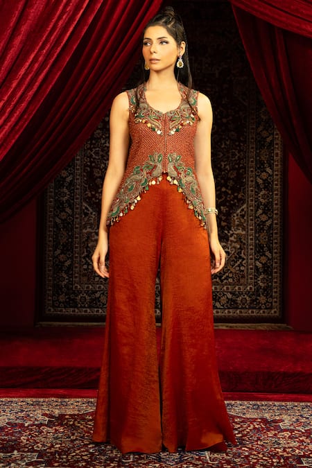 Sonia Baderia_Red Chanderi, Tissue Embroidery, Sequins, Tassels Hand Peplum Jacket With Pant _Online_at_Aza_Fashions