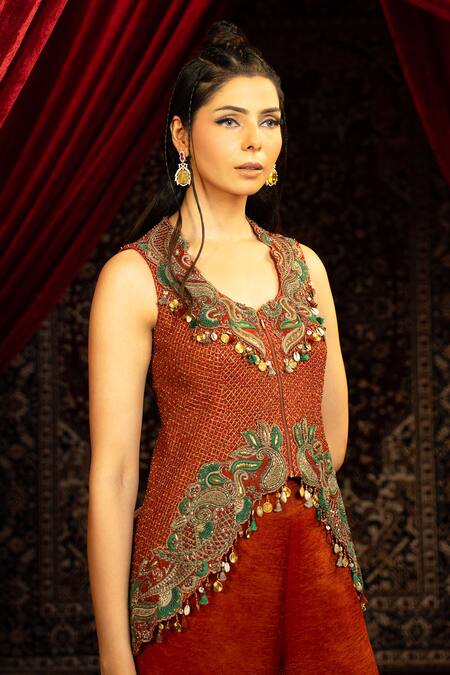 Buy_Sonia Baderia_Red Chanderi, Tissue Embroidery, Sequins, Tassels Hand Peplum Jacket With Pant _Online_at_Aza_Fashions