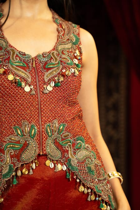 Shop_Sonia Baderia_Red Chanderi, Tissue Embroidery, Sequins, Tassels Hand Peplum Jacket With Pant _Online_at_Aza_Fashions