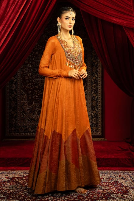 Buy_Sonia Baderia_Orange Chanderi, Tissue Sequins, Beads, Metallic Hand Embroidered Gold Anarkali _Online_at_Aza_Fashions