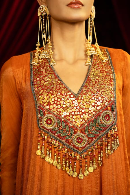Shop_Sonia Baderia_Orange Chanderi, Tissue Sequins, Beads, Metallic Hand Embroidered Gold Anarkali _Online_at_Aza_Fashions