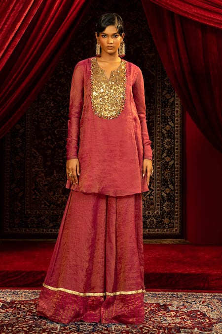 Sonia Baderia_Fuchsia Chanderi, Tissue Sequins, Beads, Hand Embroidered Kurta Sharara Set _Online_at_Aza_Fashions