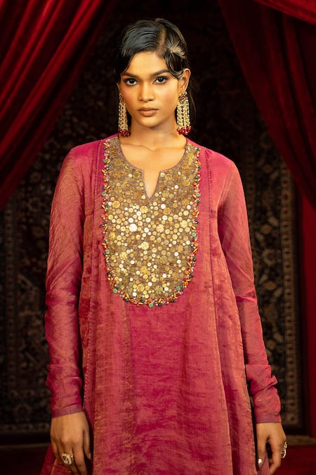 Shop_Sonia Baderia_Fuchsia Chanderi, Tissue Sequins, Beads, Hand Embroidered Kurta Sharara Set _Online_at_Aza_Fashions