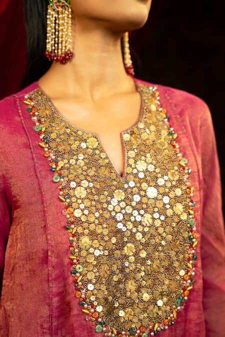 Sonia Baderia_Fuchsia Chanderi, Tissue Sequins, Beads, Hand Embroidered Kurta Sharara Set _at_Aza_Fashions