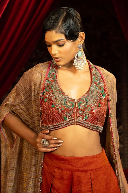 Sonia Baderia Brown Chanderi, Tissue Beads, Sequins, Embroidery, Metallic Hand Cape Pant Set at Aza Fashions Sonia Baderia_Brown Chanderi, Tissue Beads, Sequins, Embroidery, Metallic Hand Cape Pant Set _at_Aza_Fashions