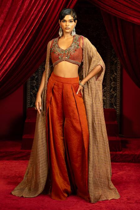 Sonia Baderia Chanderi Tissue Hand Embroidered Cape Pant Set 