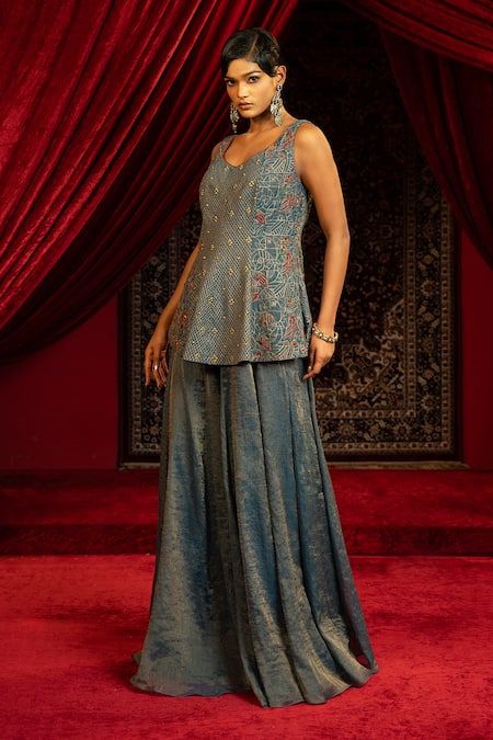 Sonia Baderia_Navy Chanderi, Tissue Embroidery V-neck Hand Peplum Kurta And Sharara Set _Online_at_Aza_Fashions