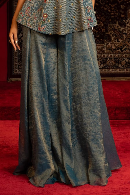 Buy_Sonia Baderia_Navy Chanderi, Tissue Embroidery V-neck Hand Peplum Kurta And Sharara Set _Online_at_Aza_Fashions