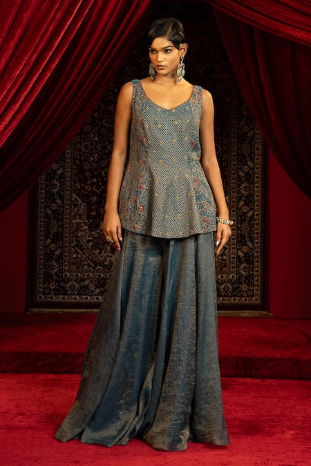 Shop_Sonia Baderia_Navy Chanderi, Tissue Embroidery V-neck Hand Peplum Kurta And Sharara Set _Online_at_Aza_Fashions