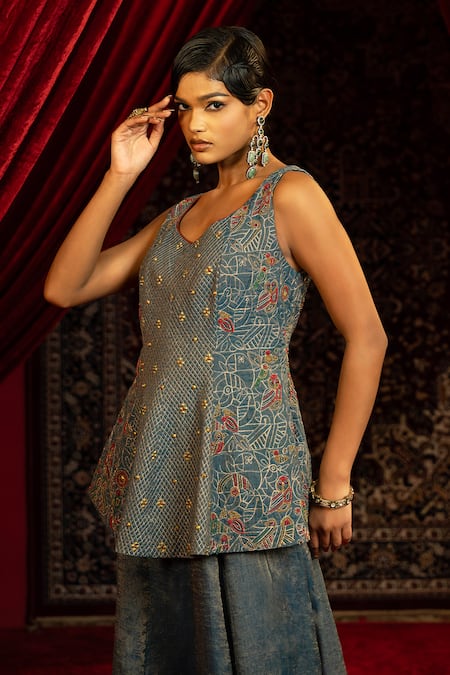 Sonia Baderia_Navy Chanderi, Tissue Embroidery V-neck Hand Peplum Kurta And Sharara Set _at_Aza_Fashions