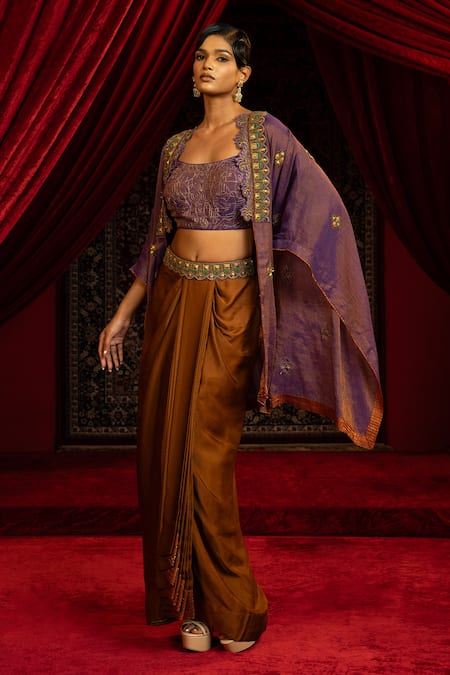 Sonia Baderia_Purple Satin, Tussar, Chanderi, Tissue Embroidery Open Cape Dhoti Skirt Set _Online_at_Aza_Fashions