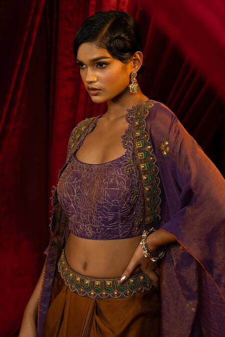 Buy_Sonia Baderia_Purple Satin, Tussar, Chanderi, Tissue Embroidery Open Cape Dhoti Skirt Set _Online_at_Aza_Fashions