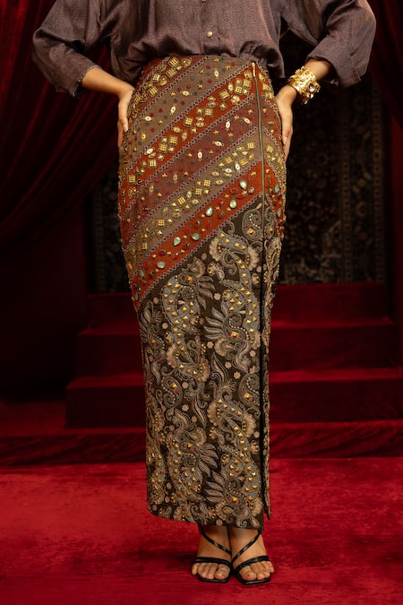 Sonia Baderia_Black Chanderi Embroidery, Sequins, Stones, Metallic Thread Hand Tissue Skirt _Online_at_Aza_Fashions