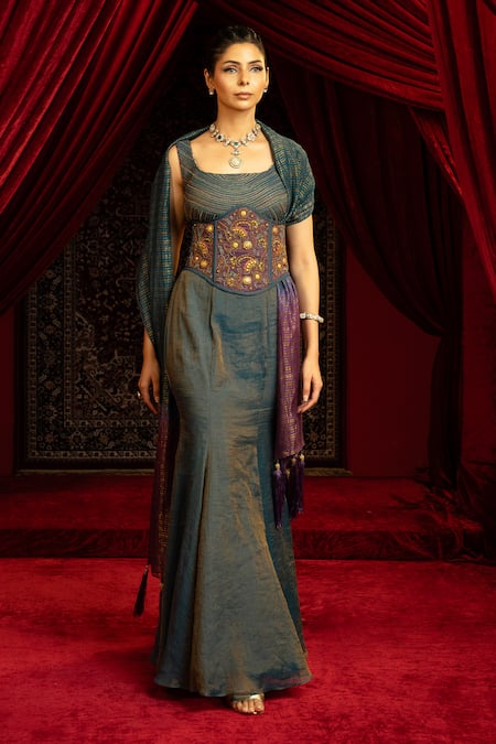 Buy_Sonia Baderia_Teal Chanderi, Tissue Embroidery, Beads, Tassels Square Neck Hand Skirt Set _Online_at_Aza_Fashions