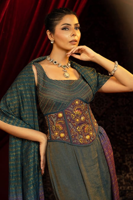 Shop_Sonia Baderia_Teal Chanderi, Tissue Embroidery, Beads, Tassels Square Neck Hand Skirt Set _Online_at_Aza_Fashions