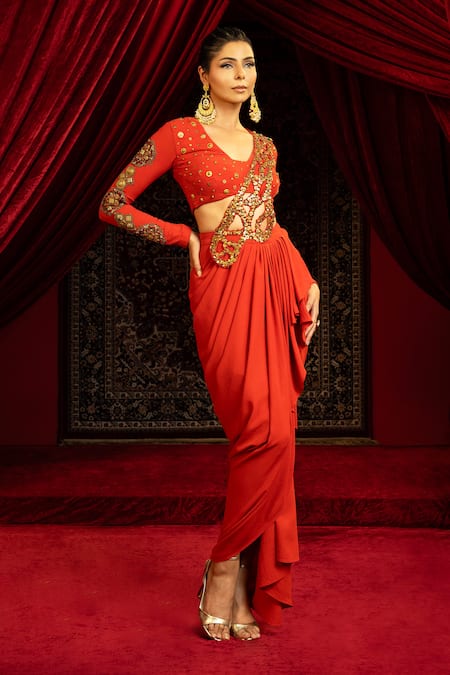 Sonia Baderia_Orange Sequins, Zari, Embroidery V-neck Hand Pre-draped Saree With Blouse _Online_at_Aza_Fashions