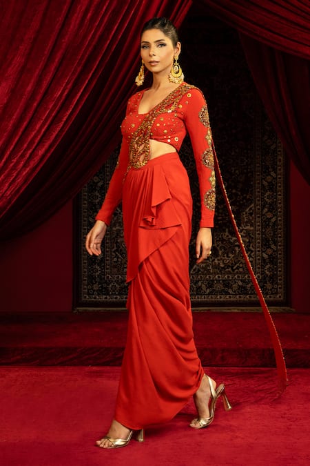 Buy_Sonia Baderia_Orange Sequins, Zari, Embroidery V-neck Hand Pre-draped Saree With Blouse _Online_at_Aza_Fashions