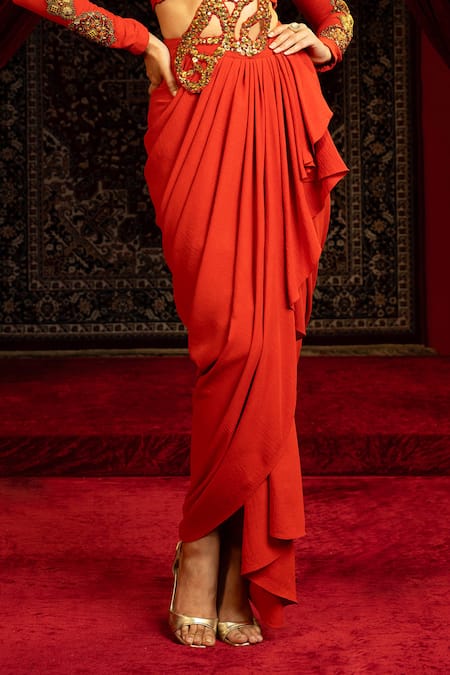 Shop_Sonia Baderia_Orange Sequins, Zari, Embroidery V-neck Hand Pre-draped Saree With Blouse _Online_at_Aza_Fashions