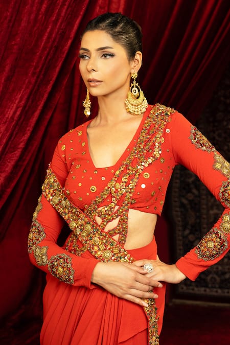 Sonia Baderia_Orange Sequins, Zari, Embroidery V-neck Hand Pre-draped Saree With Blouse _at_Aza_Fashions