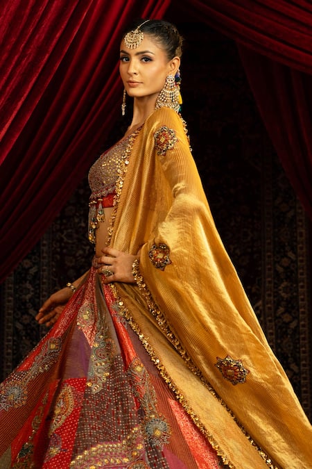 Buy_Sonia Baderia_Multi Color Chanderi, Brocade, Tissue Sequins, Beads, And Vintage Lehenga Set _Online_at_Aza_Fashions