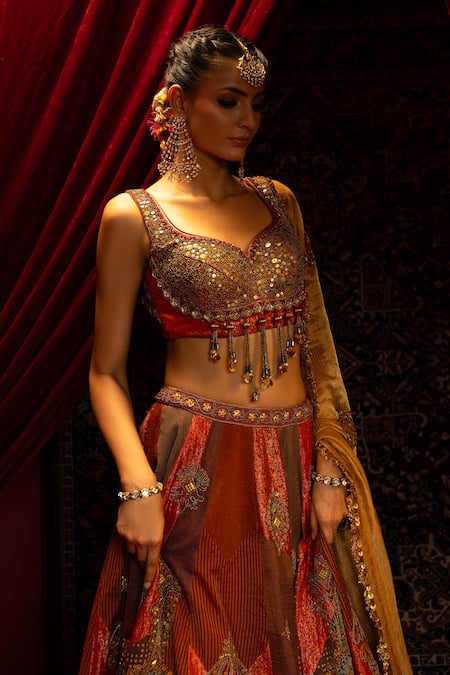 Shop_Sonia Baderia_Multi Color Chanderi, Brocade, Tissue Sequins, Beads, And Vintage Lehenga Set _Online_at_Aza_Fashions