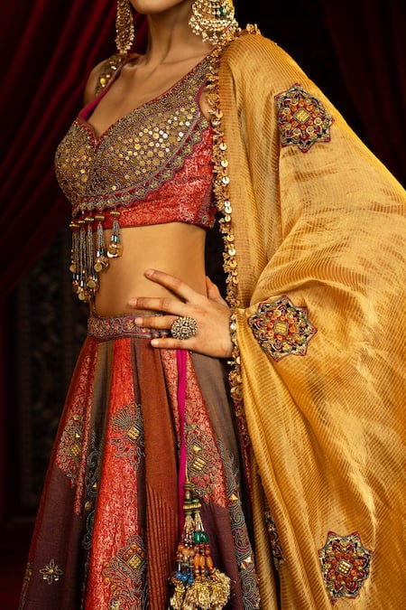 Buy_Sonia Baderia_Multi Color Chanderi, Brocade, Tissue Sequins, Beads, And Vintage Lehenga Set 