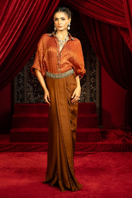 Buy_Sonia Baderia_Orange Chanderi, Tissue, Satin Embroidery Collared Shirt And Dhoti Skirt Set _Online_at_Aza_Fashions