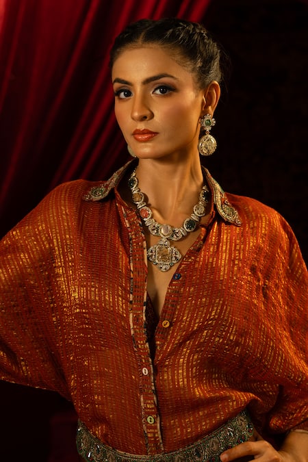 Shop_Sonia Baderia_Orange Chanderi, Tissue, Satin Embroidery Collared Shirt And Dhoti Skirt Set _Online_at_Aza_Fashions