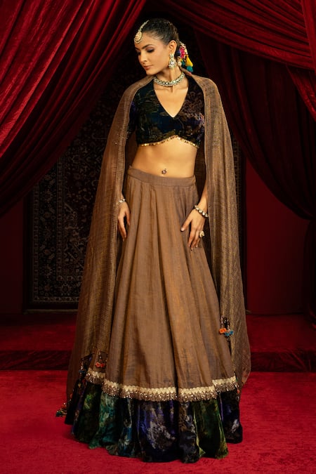 Shop_Sonia Baderia_Brown Chanderi, Tissue, Velvet, Silk Tassels, Hand Blouse Lehenga Set _Online_at_Aza_Fashions