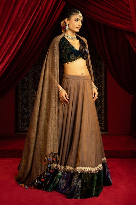 Sonia Baderia_Brown Chanderi, Tissue, Velvet, Silk Tassels, Hand Blouse Lehenga Set _at_Aza_Fashions