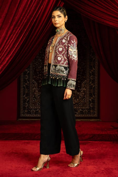 Sonia Baderia_Purple Handloom Cotton, Viscose, Crepe Hand Jacket And Flared Pant Set _Online_at_Aza_Fashions