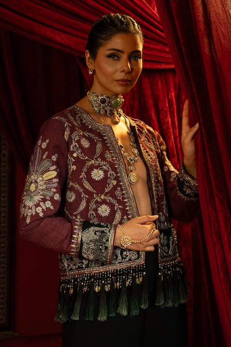 Buy_Sonia Baderia_Purple Handloom Cotton, Viscose, Crepe Hand Jacket And Flared Pant Set _Online_at_Aza_Fashions