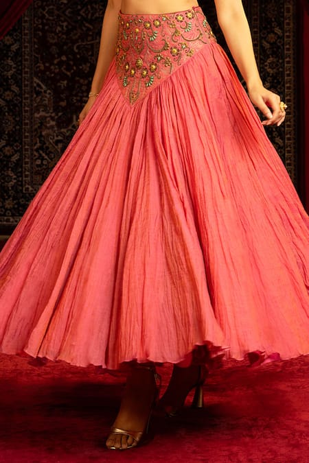 Sonia Baderia_Pink Chanderi, Tissue Embroidery, Zari, Sequins Square Hand Bustier And Skirt Set _Online_at_Aza_Fashions