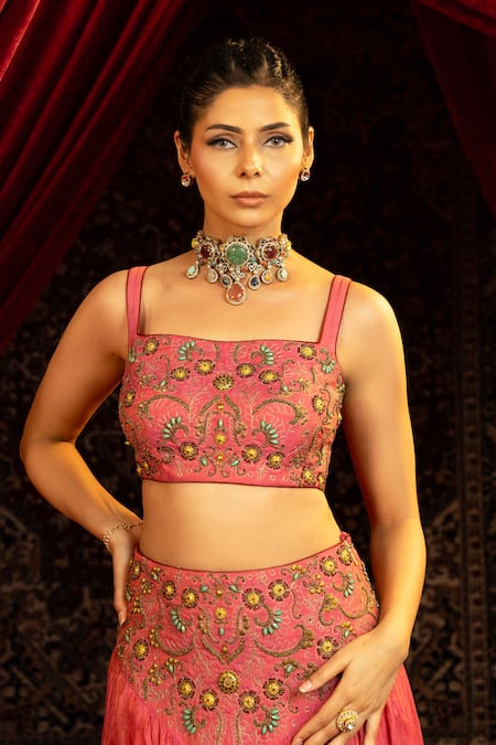 Buy_Sonia Baderia_Pink Chanderi, Tissue Embroidery, Zari, Sequins Square Hand Bustier And Skirt Set _Online_at_Aza_Fashions
