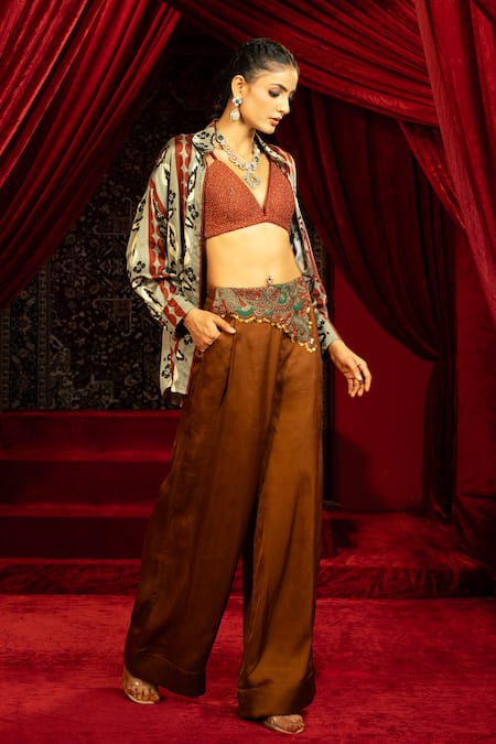 Sonia Baderia Brown Satin Collared Printed Shirt And Mocha Mousse Pant Set Online at Aza Fashions Sonia Baderia_Brown Satin Collared Printed Shirt And Mocha Mousse Pant Set _Online_at_Aza_Fashions