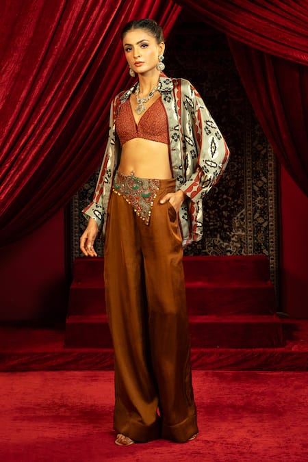 Sonia Baderia Printed Satin Shirt & Mocha Mousse Pant Set 